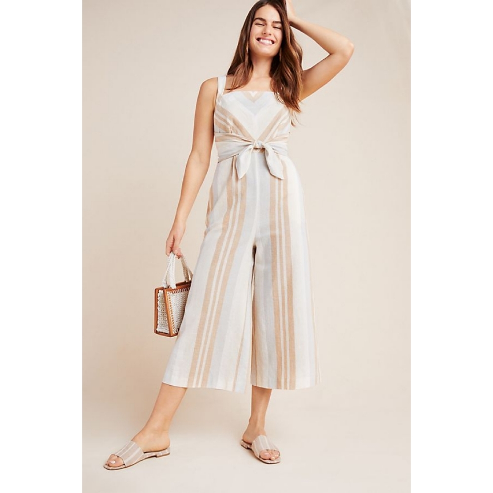 Anthropologie Striped Jumpsuit in Cream and Tan